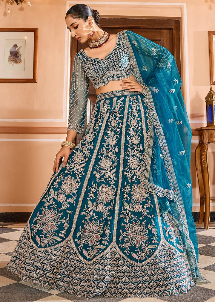 Teal Blue Embroidered Net Lehenga Choli with Sequins Work