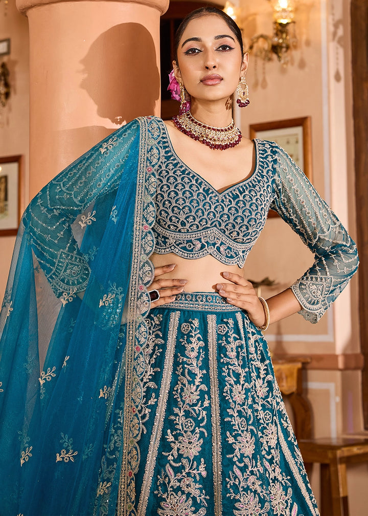 Teal Blue Embroidered Net Lehenga Choli with Sequins Work