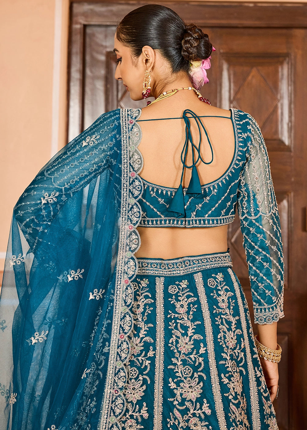 Teal Blue Embroidered Net Lehenga Choli with Sequins Work