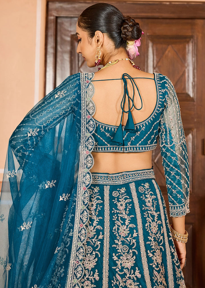 Teal Blue Embroidered Net Lehenga Choli with Sequins Work