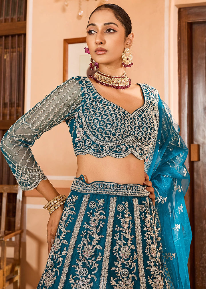 Teal Blue Embroidered Net Lehenga Choli with Sequins Work