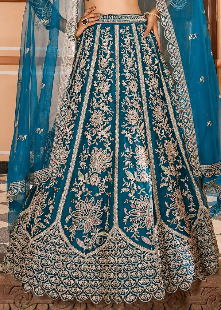 Teal Blue Embroidered Net Lehenga Choli with Sequins Work