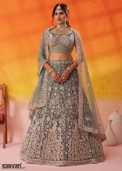 Basil Green Net Embellished Lehenga Choli with Sequins Embroidery