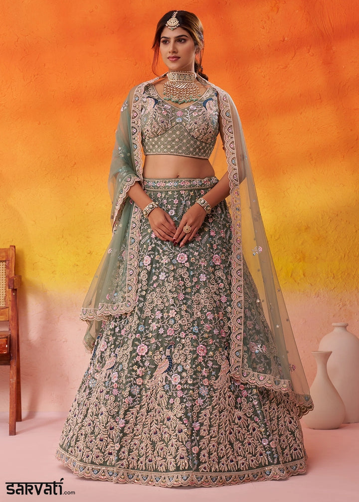 Basil Green Net Embellished Lehenga Choli with Sequins Embroidery