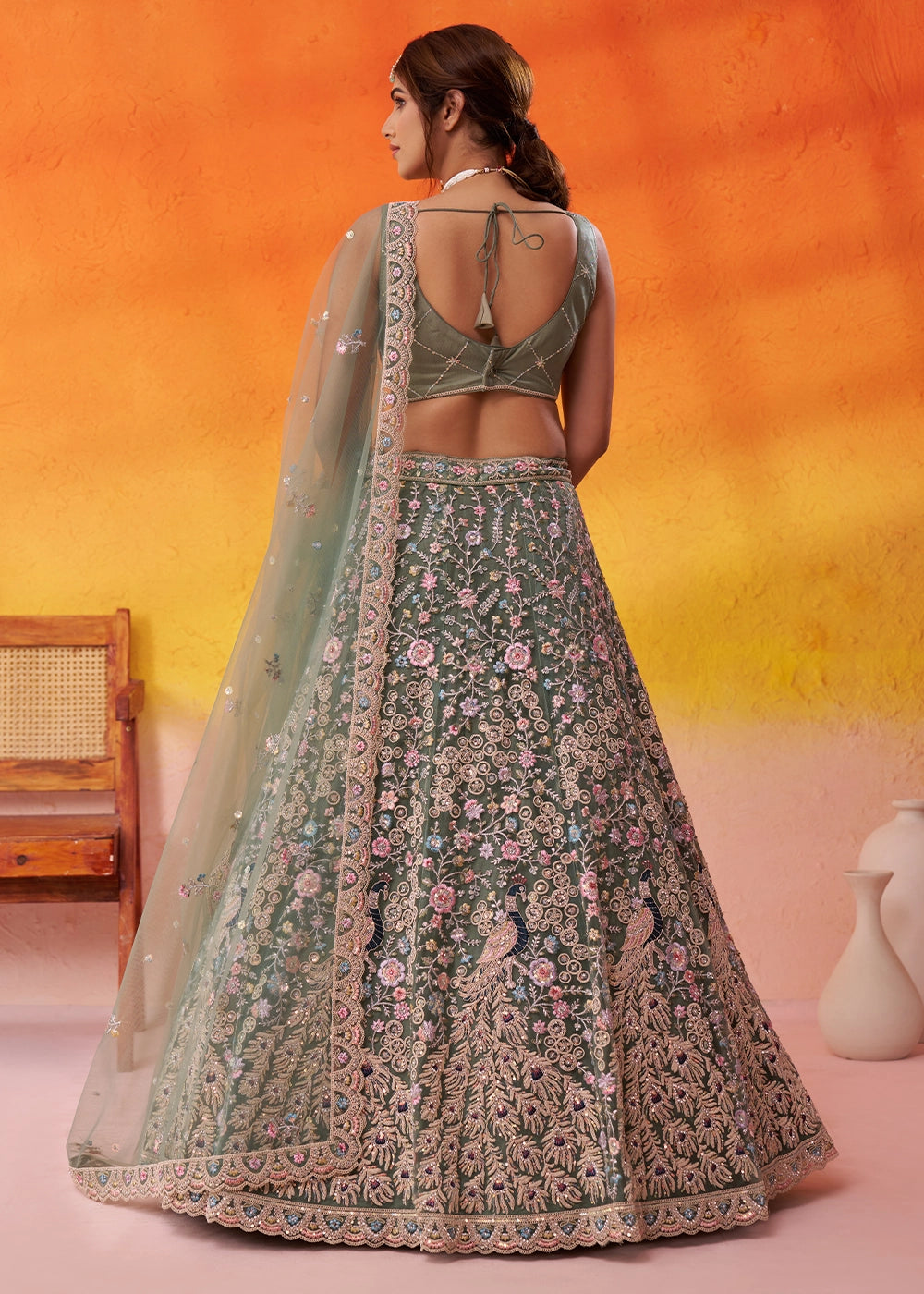 Basil Green Net Embellished Lehenga Choli with Sequins Embroidery