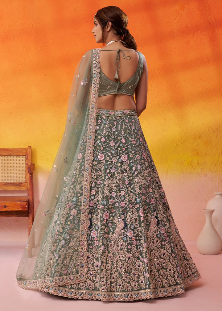 Basil Green Net Embellished Lehenga Choli with Sequins Embroidery