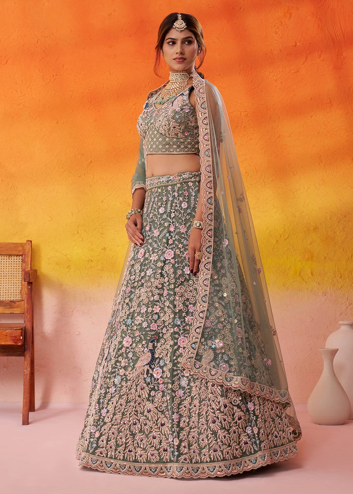 Basil Green Net Embellished Lehenga Choli with Sequins Embroidery