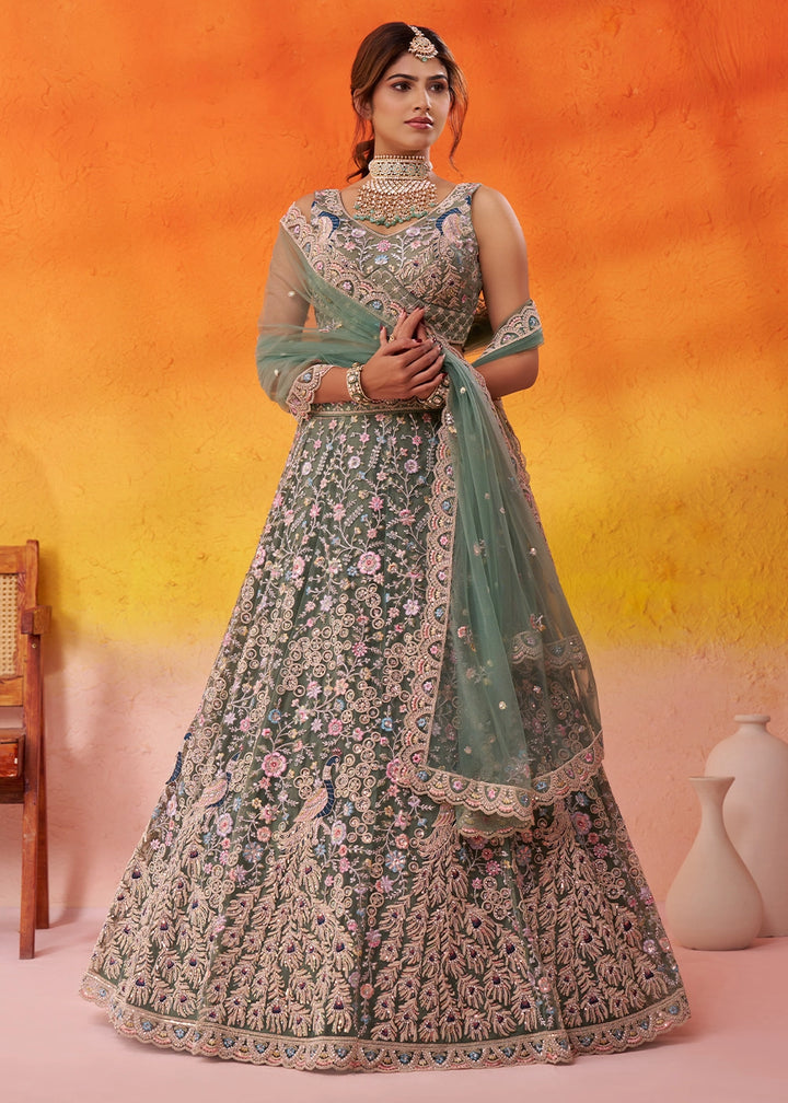 Basil Green Net Embellished Lehenga Choli with Sequins Embroidery