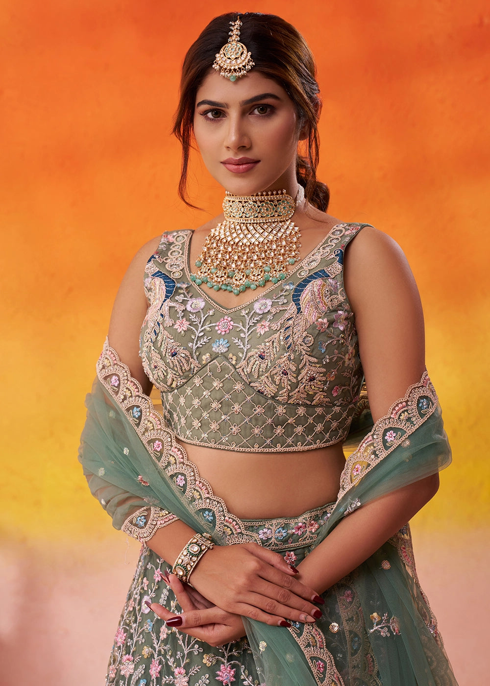 Basil Green Net Embellished Lehenga Choli with Sequins Embroidery