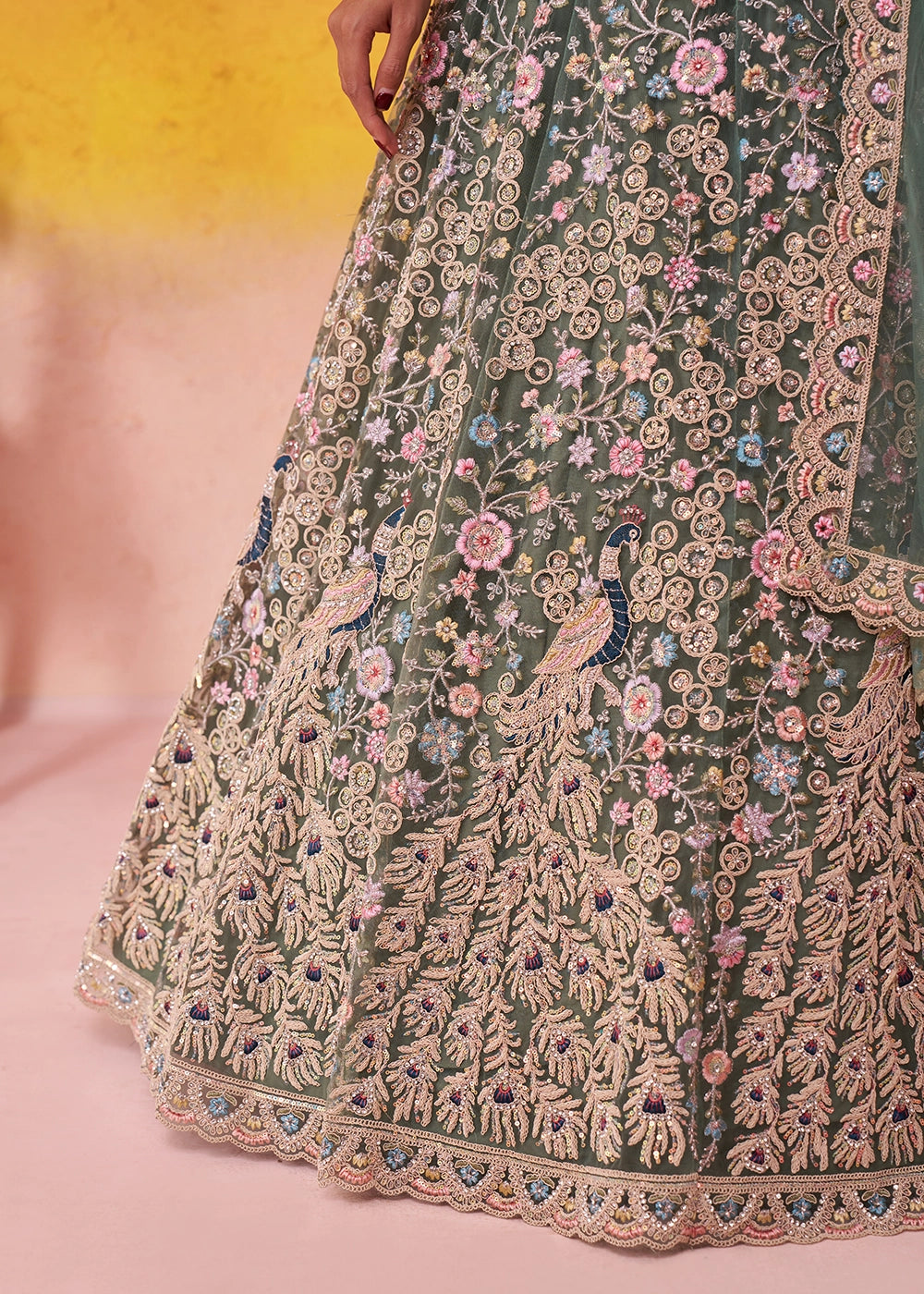 Basil Green Net Embellished Lehenga Choli with Sequins Embroidery