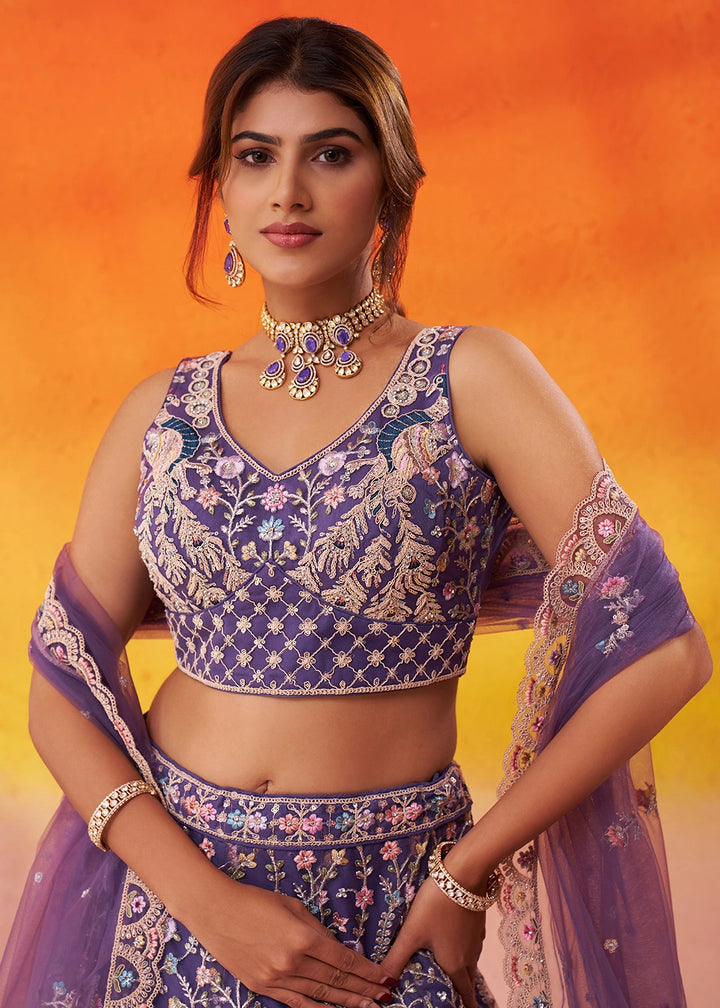 True Purple Net Embellished Lehenga Choli with Sequins Embroidery