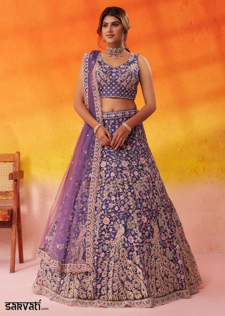 True Purple Net Embellished Lehenga Choli with Sequins Embroidery