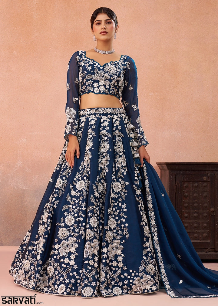 Oxford Blue Organza Designer Lehenga Choli with Beaded Floral Work