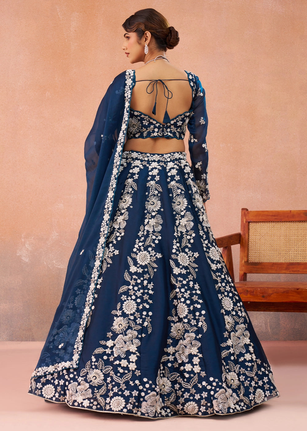 Oxford Blue Organza Designer Lehenga Choli with Beaded Floral Work