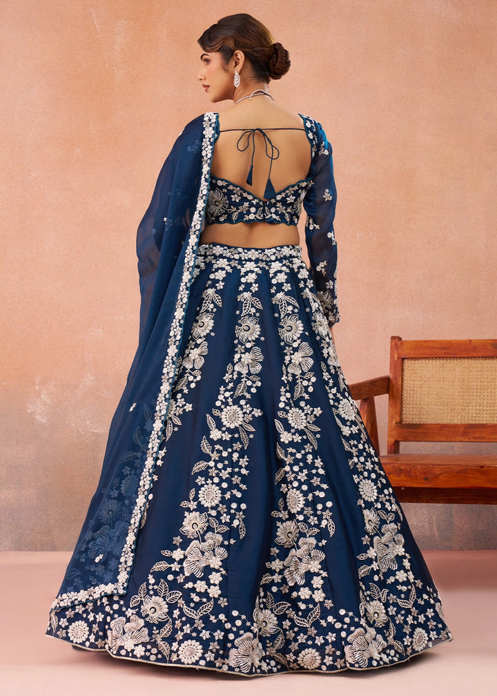 Oxford Blue Organza Designer Lehenga Choli with Beaded Floral Work