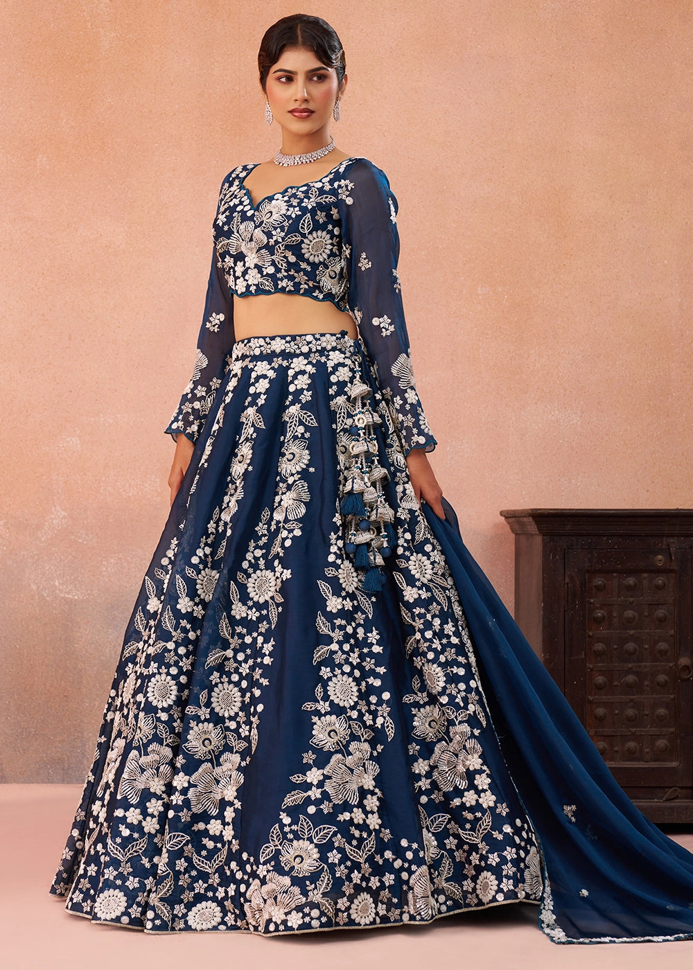 Oxford Blue Organza Designer Lehenga Choli with Beaded Floral Work