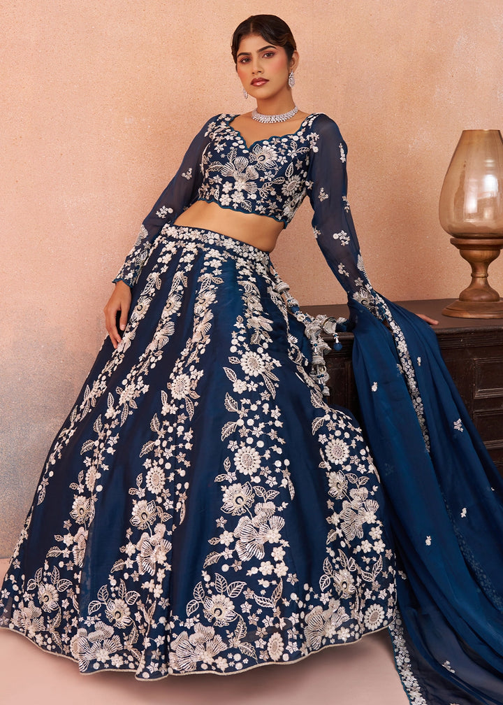 Oxford Blue Organza Designer Lehenga Choli with Beaded Floral Work
