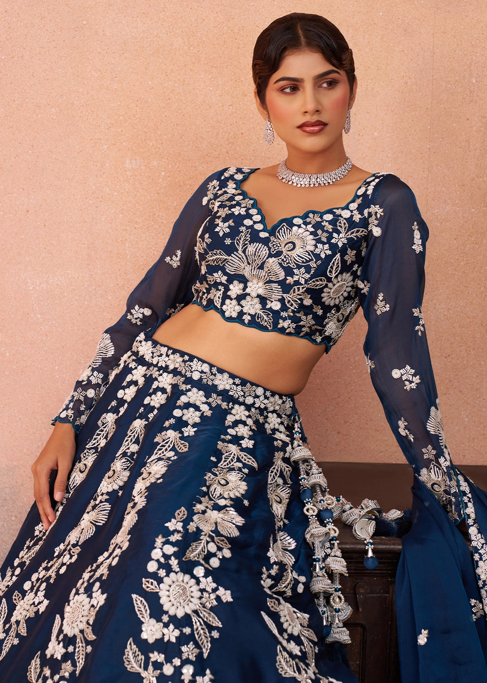 Oxford Blue Organza Designer Lehenga Choli with Beaded Floral Work