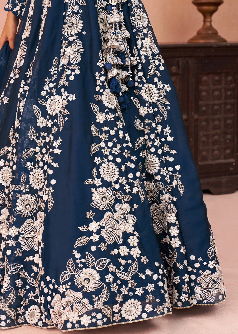 Oxford Blue Organza Designer Lehenga Choli with Beaded Floral Work