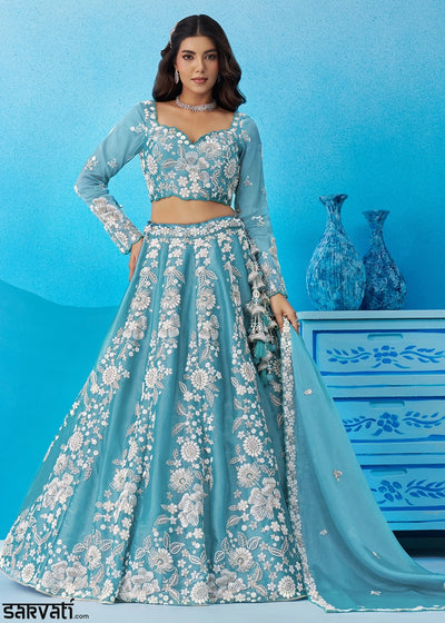 Capri Blue Organza Designer Lehenga Choli with Beaded Floral Work