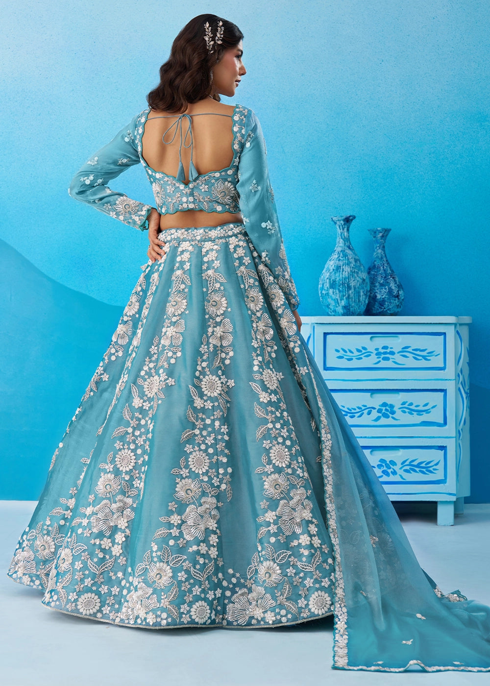 Capri Blue Organza Designer Lehenga Choli with Beaded Floral Work