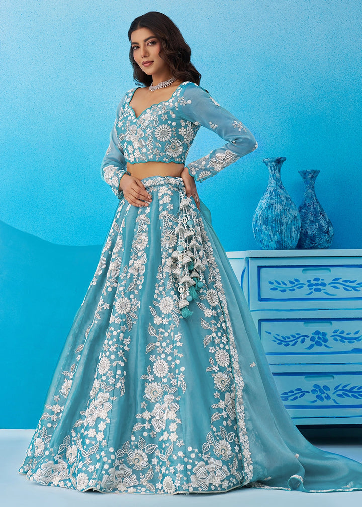 Capri Blue Organza Designer Lehenga Choli with Beaded Floral Work