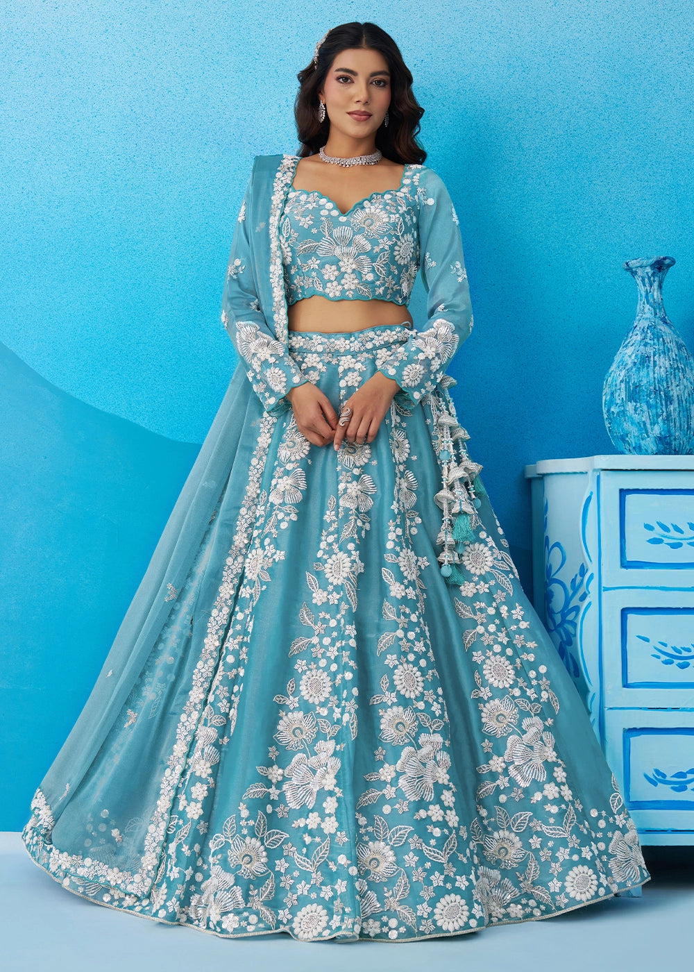 Capri Blue Organza Designer Lehenga Choli with Beaded Floral Work