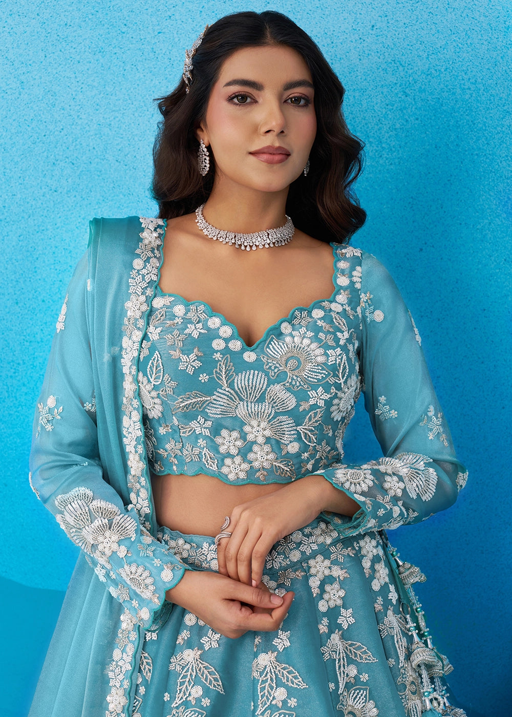 Capri Blue Organza Designer Lehenga Choli with Beaded Floral Work