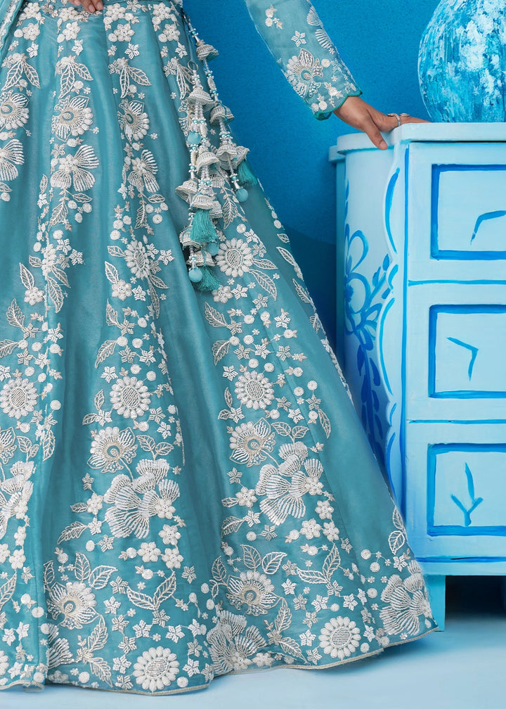 Capri Blue Organza Designer Lehenga Choli with Beaded Floral Work