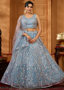 Cadet Grey Net Lehenga Choli with Sequin & Floral Vine Embroidery