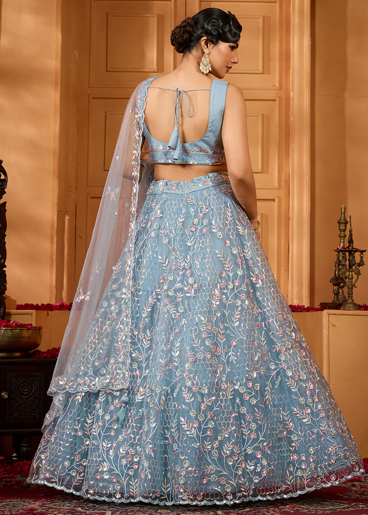 Cadet Grey Net Lehenga Choli with Sequin &amp; Floral Vine Embroidery