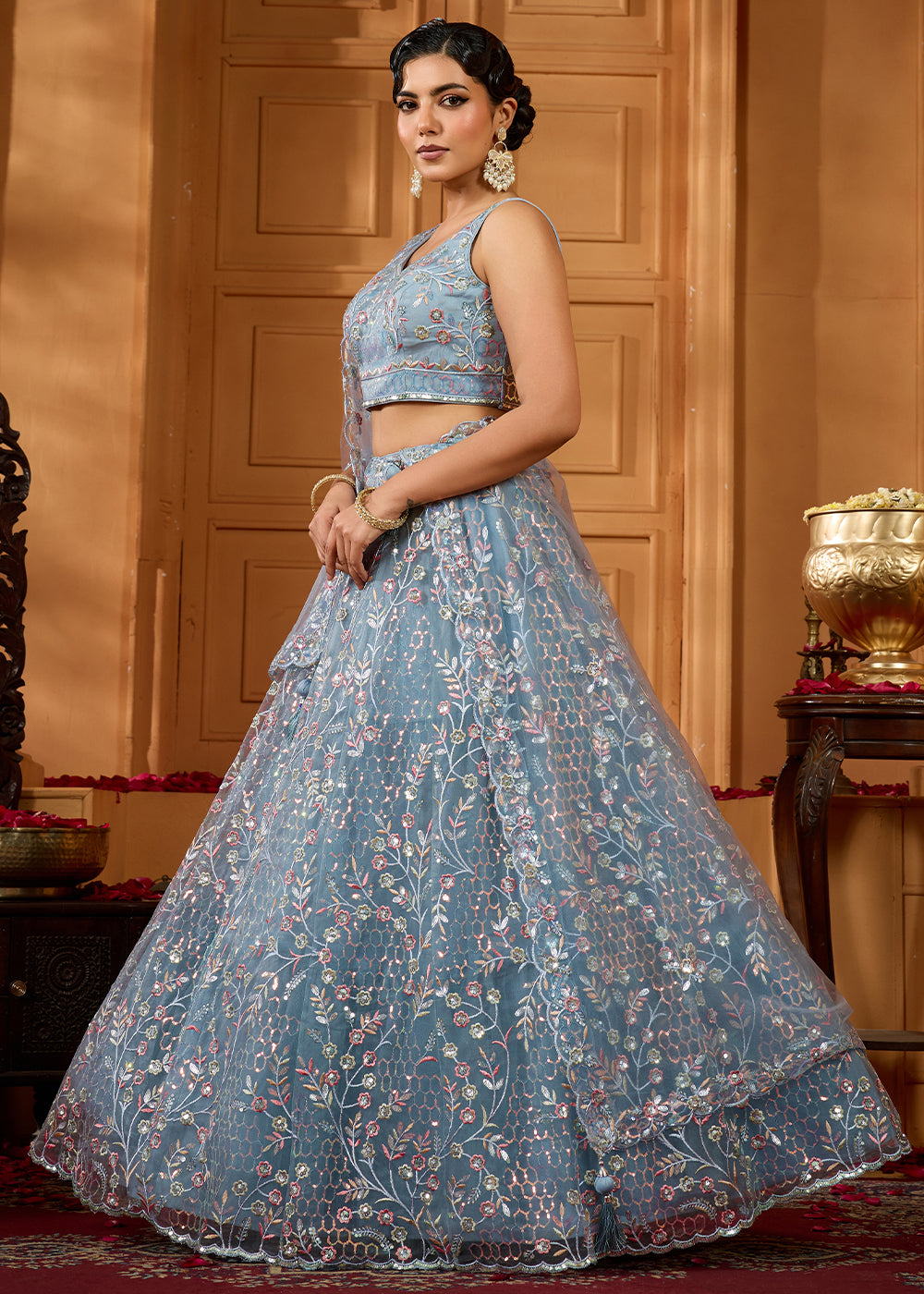 Cadet Grey Net Lehenga Choli with Sequin &amp; Floral Vine Embroidery