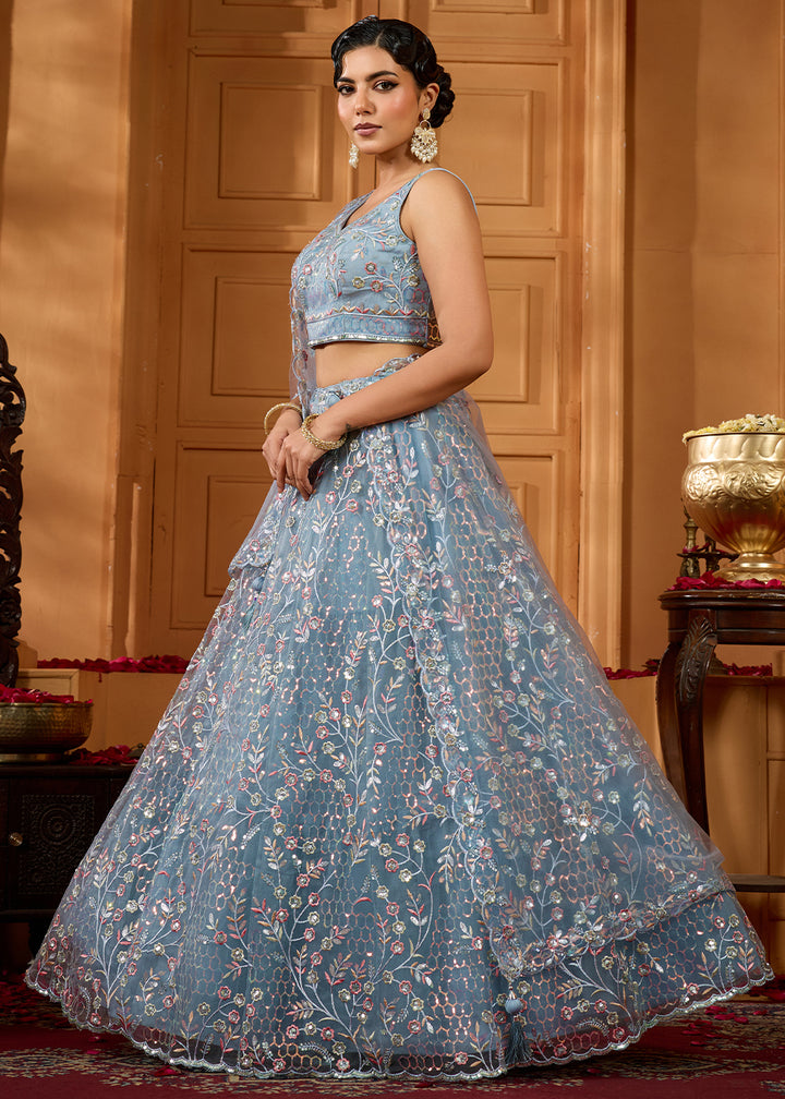 Cadet Grey Net Lehenga Choli with Sequin &amp; Floral Vine Embroidery