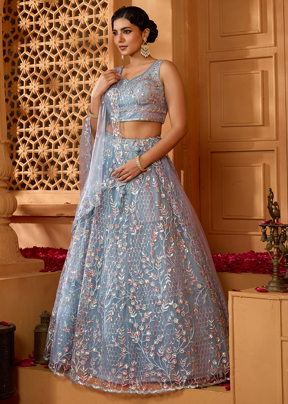 Cadet Grey Net Lehenga Choli with Sequin &amp; Floral Vine Embroidery