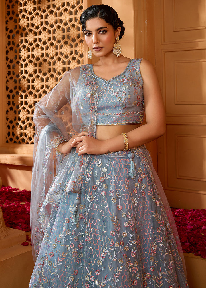 Cadet Grey Net Lehenga Choli with Sequin &amp; Floral Vine Embroidery
