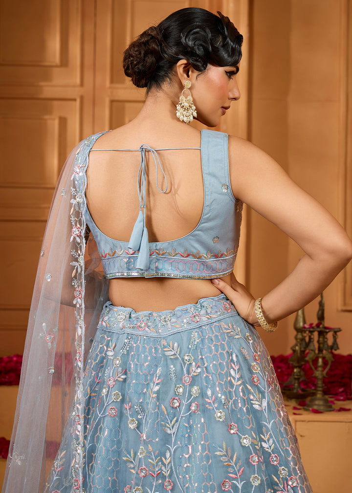 Cadet Grey Net Lehenga Choli with Sequin &amp; Floral Vine Embroidery