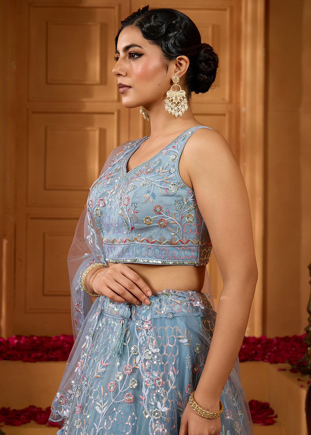 Cadet Grey Net Lehenga Choli with Sequin &amp; Floral Vine Embroidery