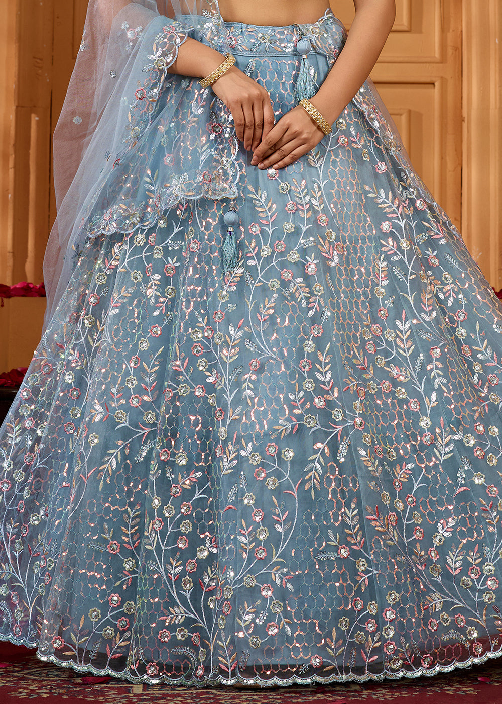 Cadet Grey Net Lehenga Choli with Sequin &amp; Floral Vine Embroidery