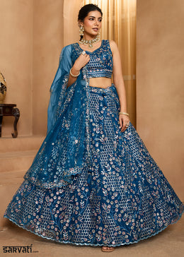 Navy Blue Net Lehenga Choli with Sequin & Floral Vine Embroidery