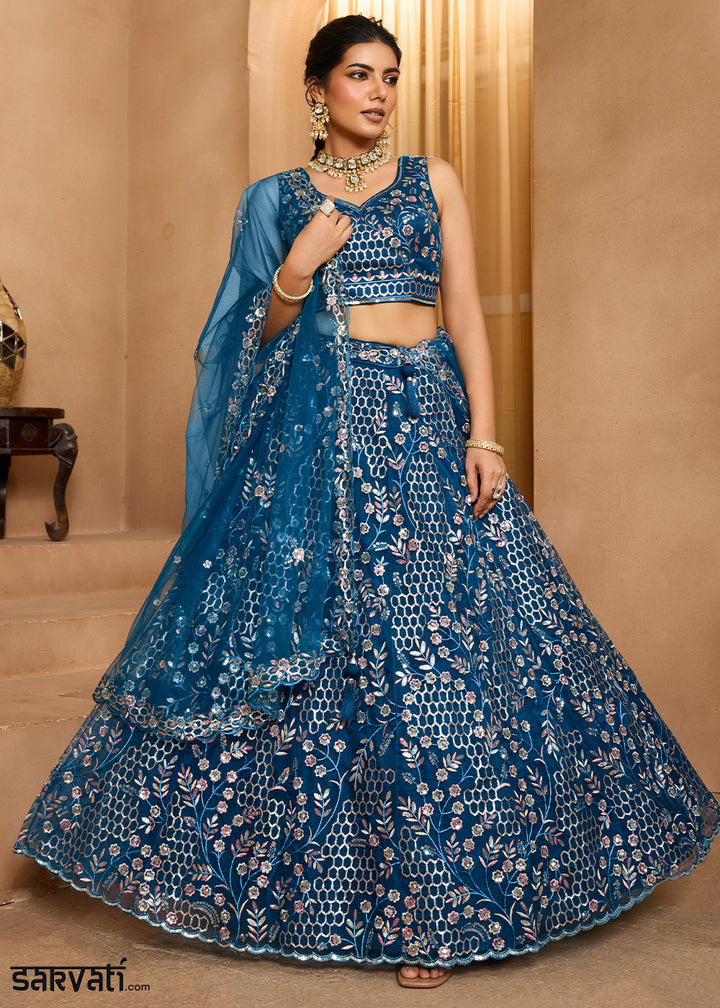Navy Blue Net Lehenga Choli with Sequin &amp; Floral Vine Embroidery
