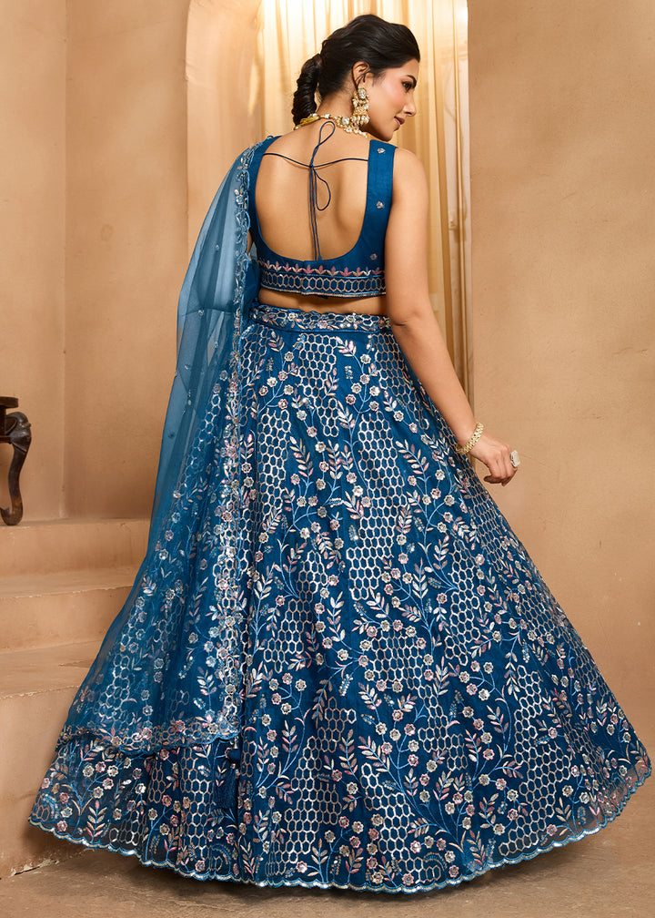 Navy Blue Net Lehenga Choli with Sequin &amp; Floral Vine Embroidery