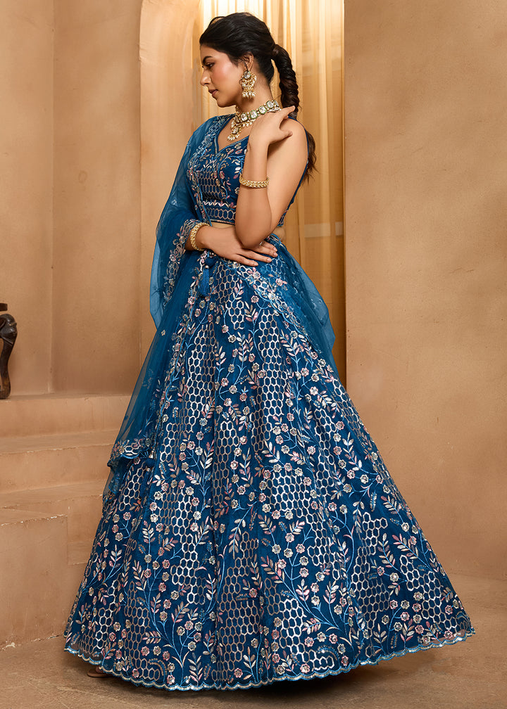 Navy Blue Net Lehenga Choli with Sequin &amp; Floral Vine Embroidery