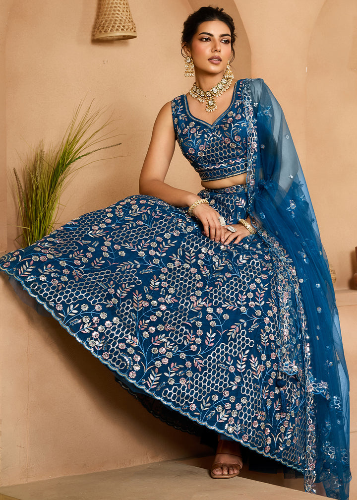 Navy Blue Net Lehenga Choli with Sequin &amp; Floral Vine Embroidery