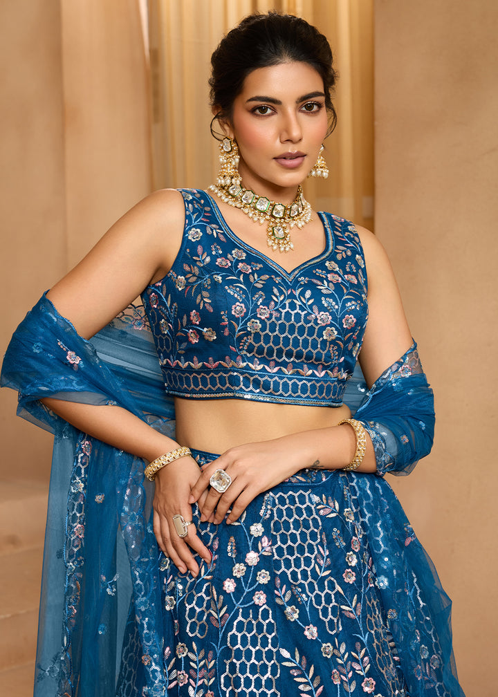 Navy Blue Net Lehenga Choli with Sequin &amp; Floral Vine Embroidery