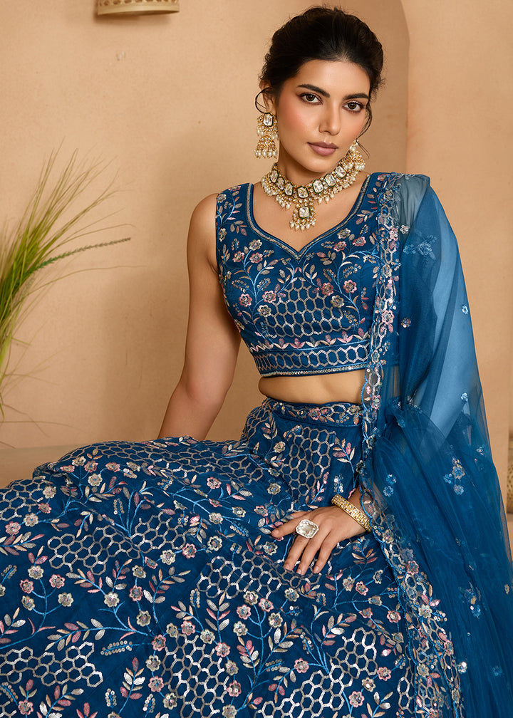 Navy Blue Net Lehenga Choli with Sequin &amp; Floral Vine Embroidery