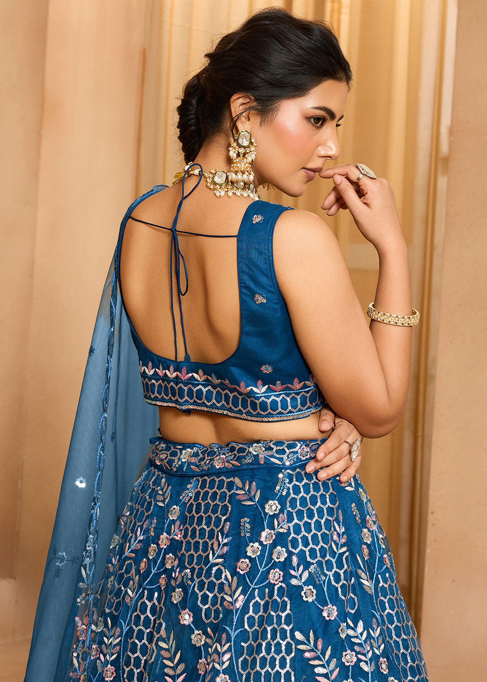 Navy Blue Net Lehenga Choli with Sequin &amp; Floral Vine Embroidery