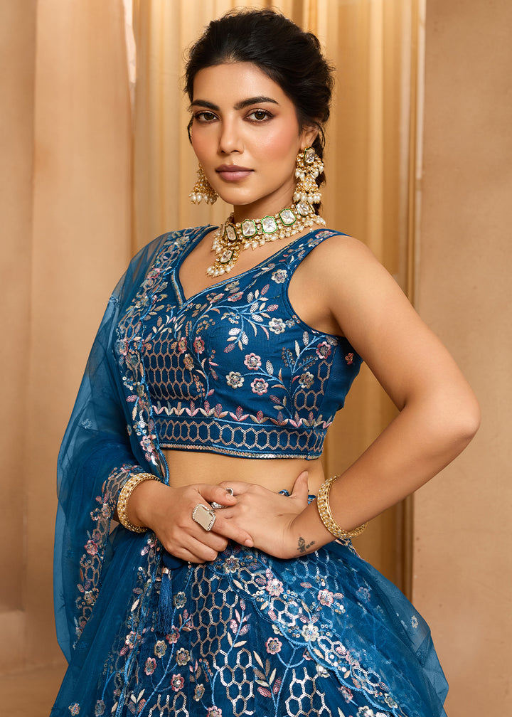 Navy Blue Net Lehenga Choli with Sequin &amp; Floral Vine Embroidery