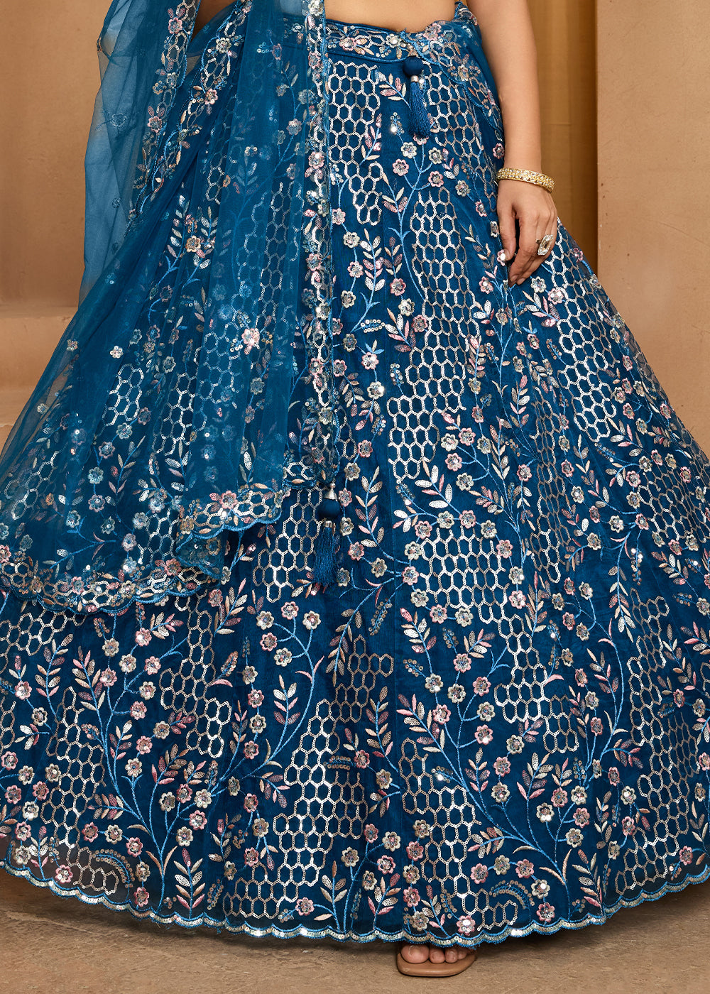 Navy Blue Net Lehenga Choli with Sequin &amp; Floral Vine Embroidery