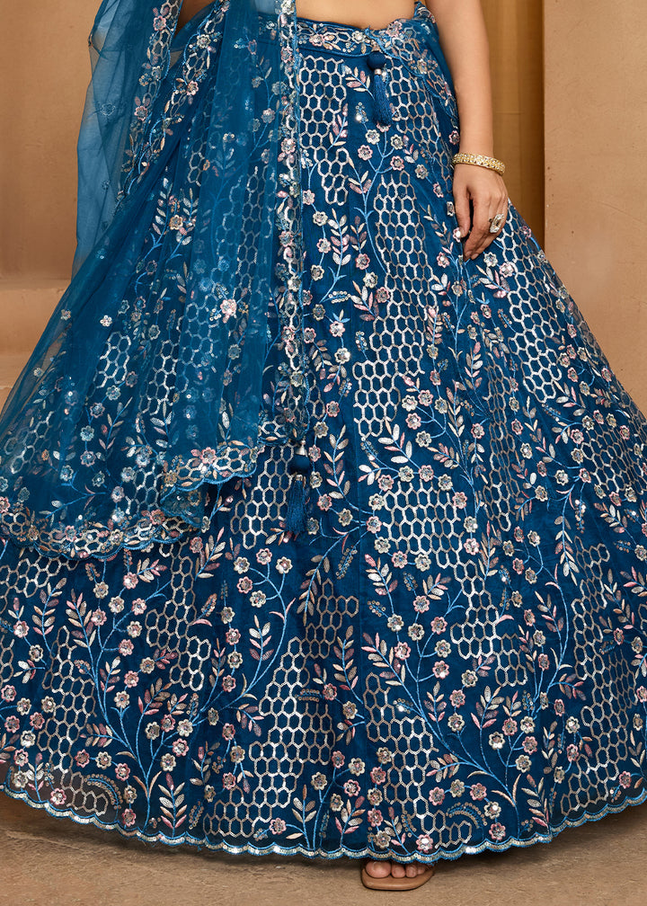 Navy Blue Net Lehenga Choli with Sequin &amp; Floral Vine Embroidery