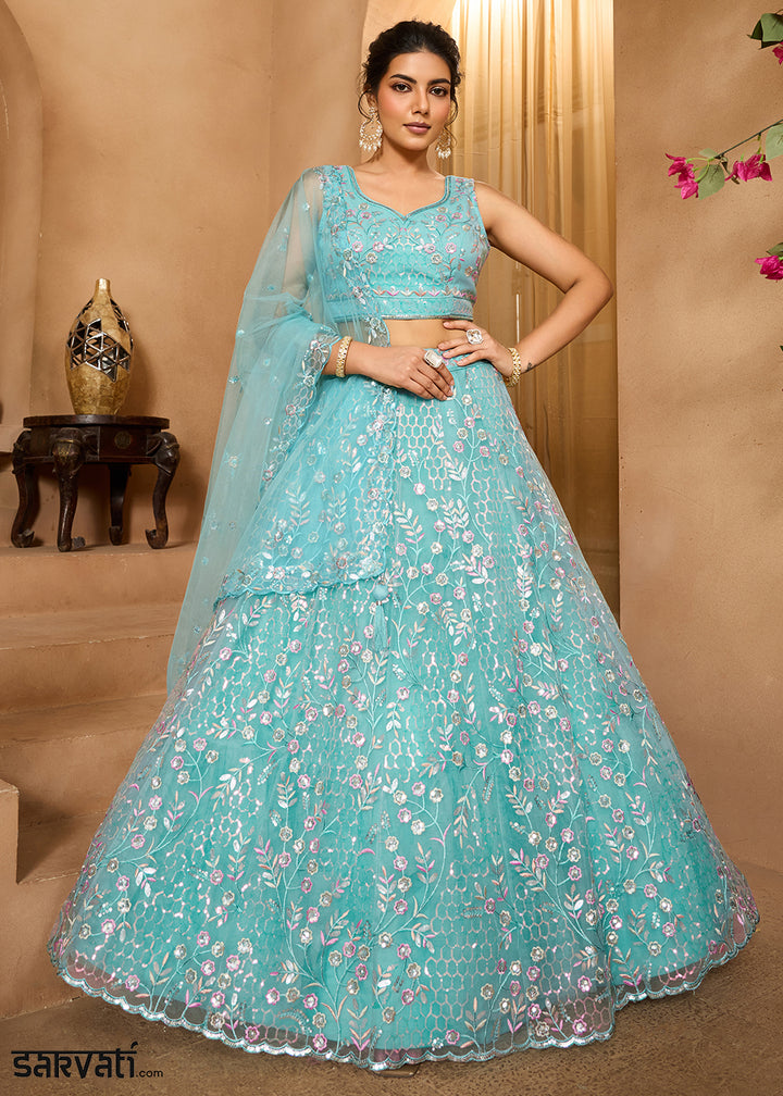 Turquoise Blue Net Lehenga Choli with Sequin &amp; Floral Vine Embroidery